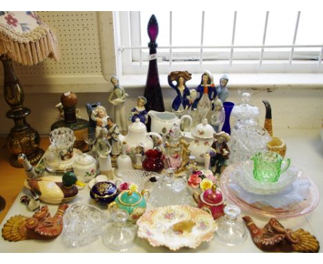 Decorative Ceramics &amp; Glass - various Nao type figures; coloured glass; candlesticks; teapots; Delftware; etc qty 