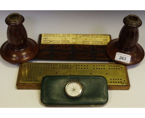 Boxes &amp; Objects - A 19th century bone cribbage board; another treen, early 20th century brass mounted cribbage board; an 