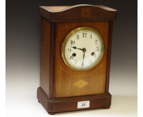 An Edwardian mantel clock, enamel dial, twin winding holes, central diamond shaped satinwood patera, retailed by J Sermin Ltd