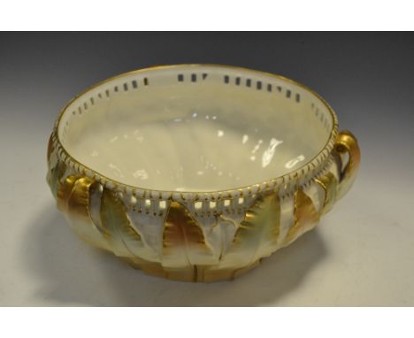 A Royal Worcester bowl relief moulded leaf decoration, gilt highlights, puce stamp pattern 1947