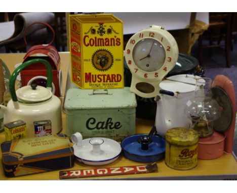 Advertising &amp; Kitchenalia - a reproduction Coleman's mustard enamel sign; an R.R lantern; enamel oil lantern; cake tins; 