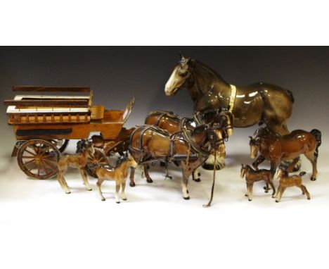 Equine Interest - a large Melba type Horse; a pair of Horses and Cart; a Beswick model  Mare, brown gloss;  others smaller (7