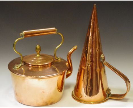 Copper - a 19th century copper kettle, acorn finial; a highly polished copper conical measure (2)