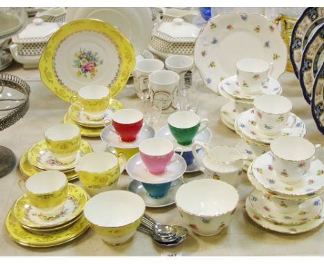 Glass and Ceramics - a mid 20th century floral tea service for six, an Adderly harlequin tea service, Edwardian etched drinki