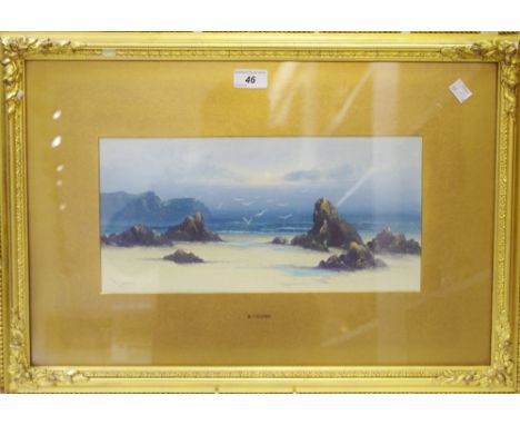 R. Cooper (late 19th century school) 'Seagull's at Dawn' Coastal Scenewatercolour, signed, decorative period frame with oak l