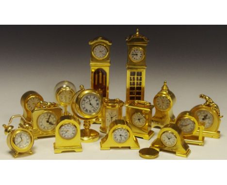 Miniature Clock - various brass clocks in different styles, including a longcase, alarm clock, mantel clocks, Napoleon clock,