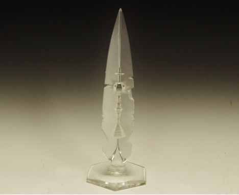 Art glass - a triple reversed cut glass obelisk possibly Orrefors