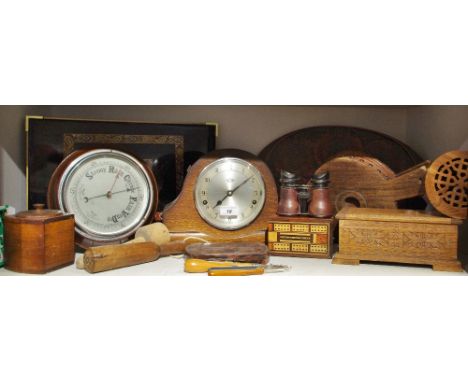 Boxes and Objects - a 19th century set of elm bellows; a treen offertory bowl; oak crumb tray; carved wood casket; canisters;