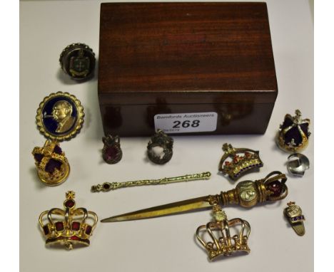 Regalia - a King George V and Queen Mary coronation paper opener; Churchill enamel badge; gold coloured metal crowns; 19th ce