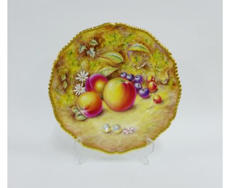 Royal Worcester cabinet plate painted by P English, with gilt edged gadroon moulded rim and painted with apples and cherries,