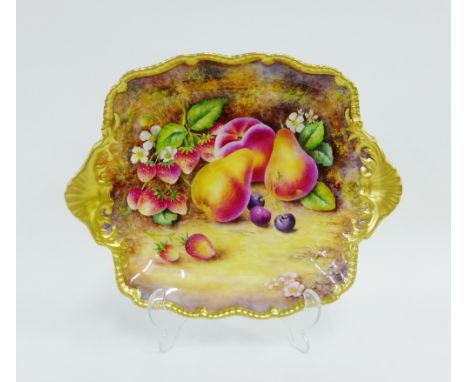 Royal Worcester fruit study dish of square form, signed by P. Stanley, painted with peach, pears, strawberries and cherries t