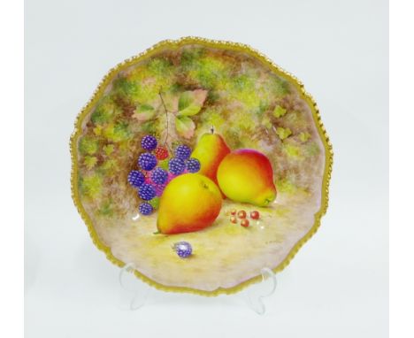 Royal Worcester fruit study cabinet plate painted by H Ayrton, signed, with a gilt edged gadroon moulded rim, painted with pe