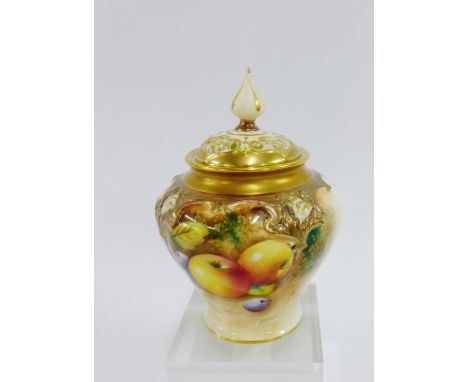 Royal Worcester fruit study pot pourri vase with pierced gilt cover painted with apples and cherries, signed indistinctly, wi