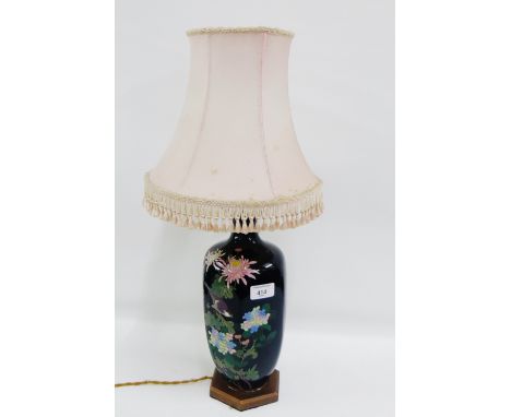 Hexagonal Japanese Cloisonne table lamp base with Birds, Chrysanthemums and other flowers, on a wooden base, 32cm high exclud