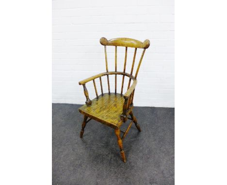 Elm Windsor style stick back chair with curved top rail, solid seat and turned legs,  98 x 42cm 