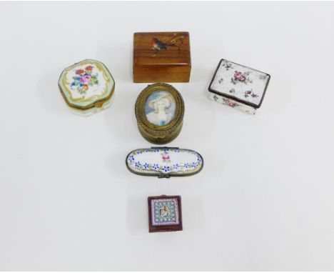 Collection of porcelain patch and pill boxes together with an enamel box, another with a micro mosaic lid, an oval brass box 