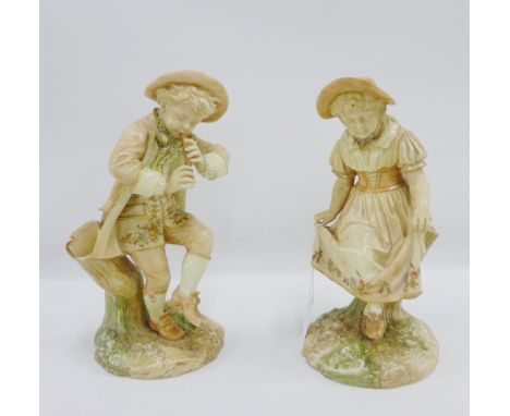 Pair of Royal Worcester blush ivory Kate Greenaway figures, modelled by James Hadley, green printed backstamps and registrati