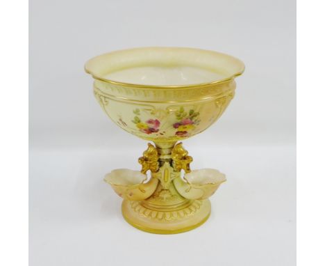 Royal Worcester blush ivory comport, circular bowl with hand painted floral sprays supported on a column with three mask head