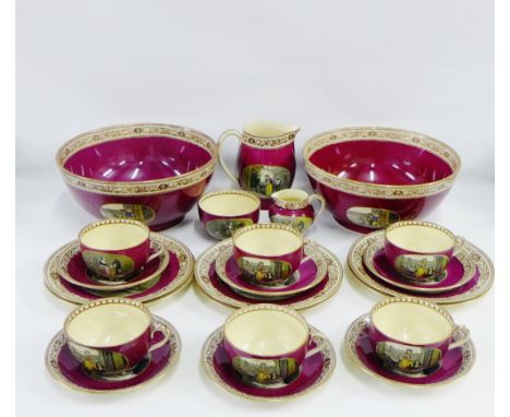 Large collection of Adams 'Cries of London' claret glazed pottery to include two punch bowls, a jug, another smaller, a sugar