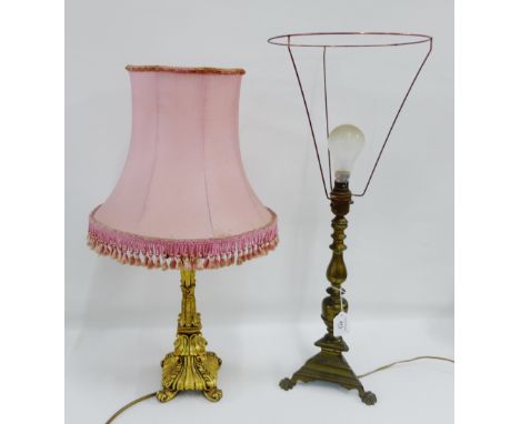 Brass table lamp base together with a gilt wood table lamp, (2) 