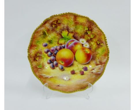 Royal Worcester cabinet plate painted by David Fuller, with gilt edged gadroon moulded rim and painted with apples, grapes an