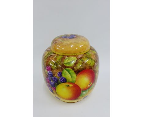 Royal Worcester fruit study ginger jar and cover by Peter Love, painted in the round with peaches, grapes, brambles, apples a