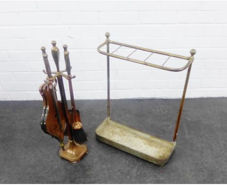 Brass stick stand and copper fireside companion set,  62cm