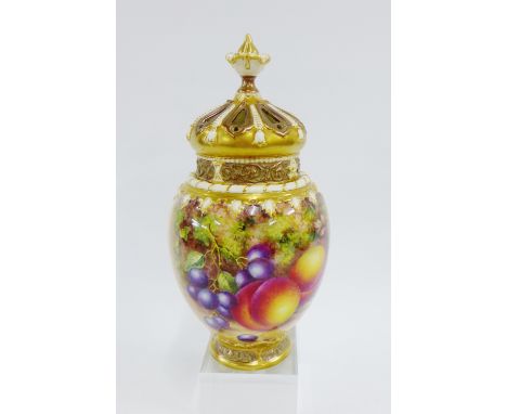 Royal Worcester fruit study pot pourri jar with pierced and gilded crown shaped cover complete with internal lid by Freeman, 