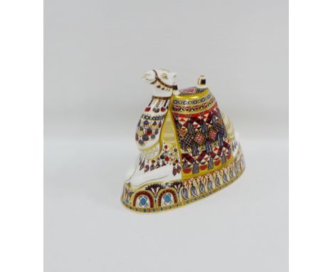 Large Royal Crown Derby Imari Camel paperweight with gold stopper, red printed backstamps and date code for 1996, 18cm high 