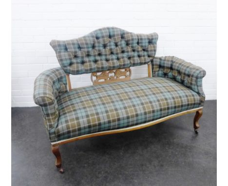 Tartan upholstered mahogany framed two seater parlour sofa, 94 x 144cm 