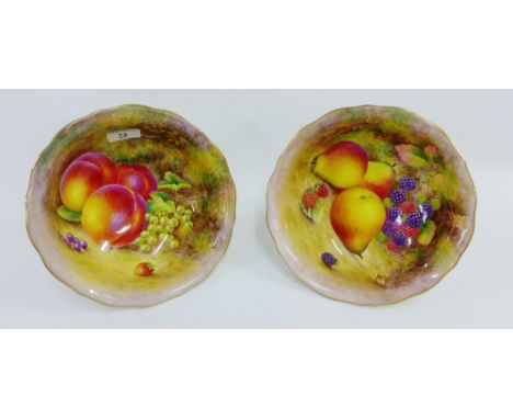 A pair of Royal Worcester fruit bowls by H Ayrton, both signed and painted to a mossy ground, one with peaches and gooseberri