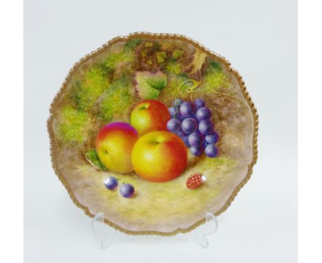 Royal Worcester fruit study cabinet plate painted by H Ayrton, signed, with a gilt edged gadroon moulded rim, painted with ap