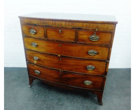 19th century mahogany bow front chest, with three short and three long drawers, on bracket feet, 110 x 112cm 