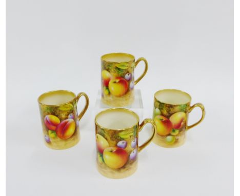 Set of four Royal Worcester coffee cans, three signed by Roberts and painted with apples and grapes together with another sim