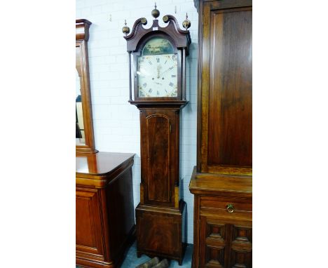 19th century mahogany longcase clock by R. Wilkie of Cupar, the dial beneath a painted scene of cattle and figures, with swan