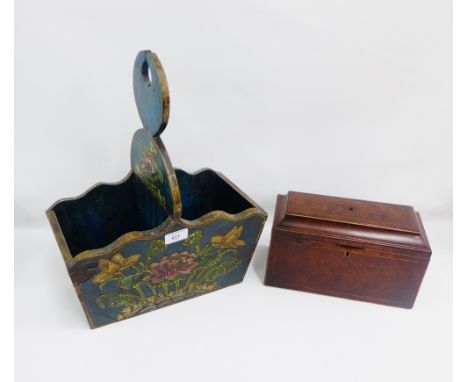 Floral painted wooden bottle holder, 44cm high, together with an inlaid tea caddy box, (2) 