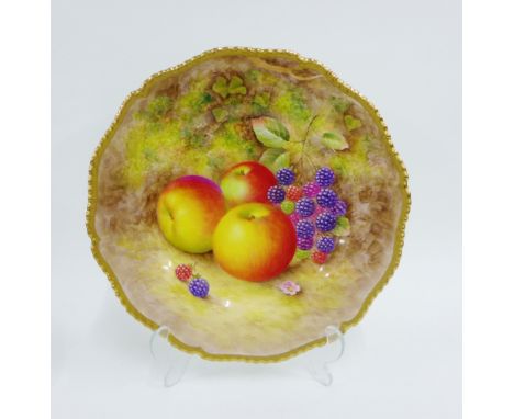 Royal Worcester fruit study cabinet plate painted by H Ayrton, signed, with a gilt edged gadroon moulded rim, painted with ap