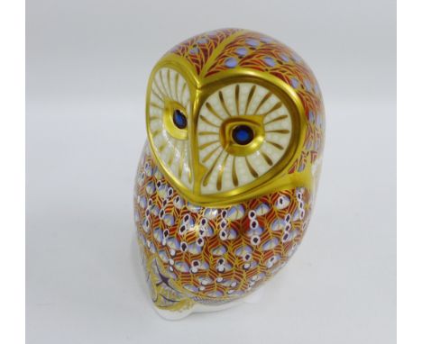 Royal Crown Derby Imari porcelain Owl paperweight, with silver stopper, printed backstamps and date code LIX for 1996, 12cm h