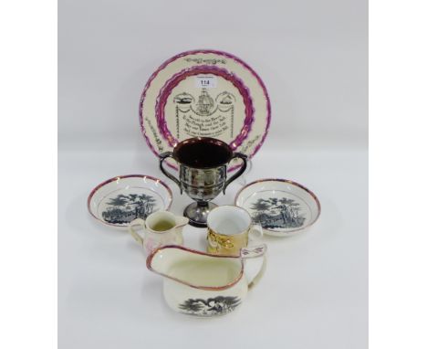 Collection of Sunderland lustre ware to include 'Success to the Fleece' plate, to back printed saucers and a jug, a smaller c