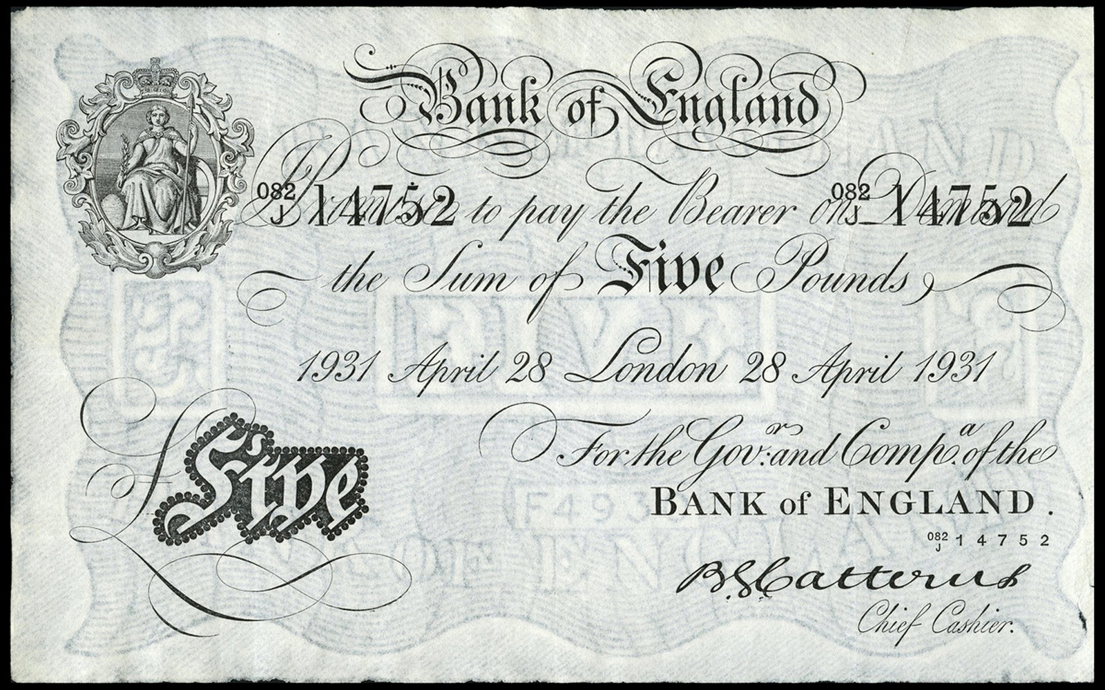 BRITISH BANKNOTES, Bank Of England, B.G. Catterns, Five Pounds, 28 ...