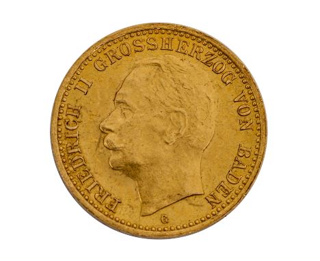   Baden/Gold -10 Mark 1913 /G,   Großherzog Friedrich II, ss-vz, feine Kratzer, minimal verschmutzt, 3,58g Gold fein.    | Ba