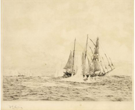 * Wyllie (William Lionel, 1851 - 1931). Brig under Fire, uncoloured etching, signed by the artist in pencil to the lower left