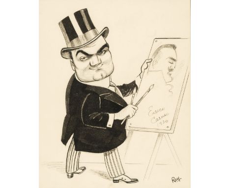 * Attributed to Giovanni Battista Ray (1881-1982). Enrico Caruso, 1920, pen and ink caricature of the opera singer painting a