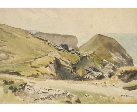 * Brock (Henry Matthew, 1875-1960). A seascape, watercolour on flecked paper, depicting a seascape with rocky outcrops, signe