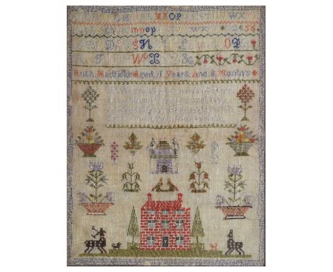 Early 19th century needlework sampler, by 'Ruth Hadfield Aged 11 Years And 8 Months’, worked in coloured threads with registe