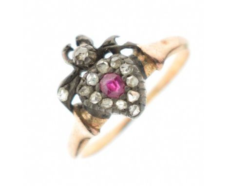 Early Victorian unmarked gold, ruby and diamond heart motif ring, stamped '18ct', size N approx, 2.2g gross approx (a/f)