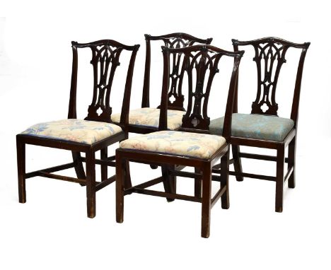 Set of four late 19th / early 20th century Howard & Sons mahogany Chippendale style chairs, each with serpentine top rail ove