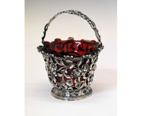 Victorian pedestal sugar basket having pierced foliate decoration and swing handle with fitted ruby glass liner, sponsor's ma