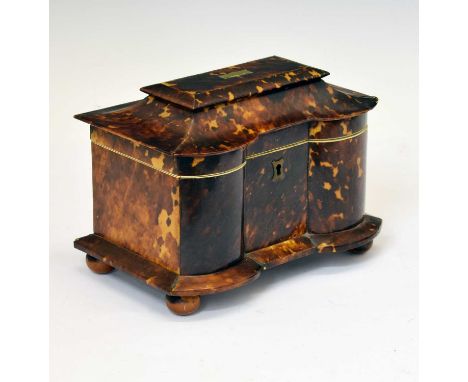 19th century tortoiseshell veneered tea caddy, of rectangular form with lobed front and hinged pagoda top inset with vacant b