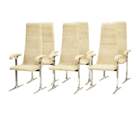 Attributed to Tim Bates for Pieff of Worcester – Set of six Modernist high back open arm dining chairs, circa 1973, each upho